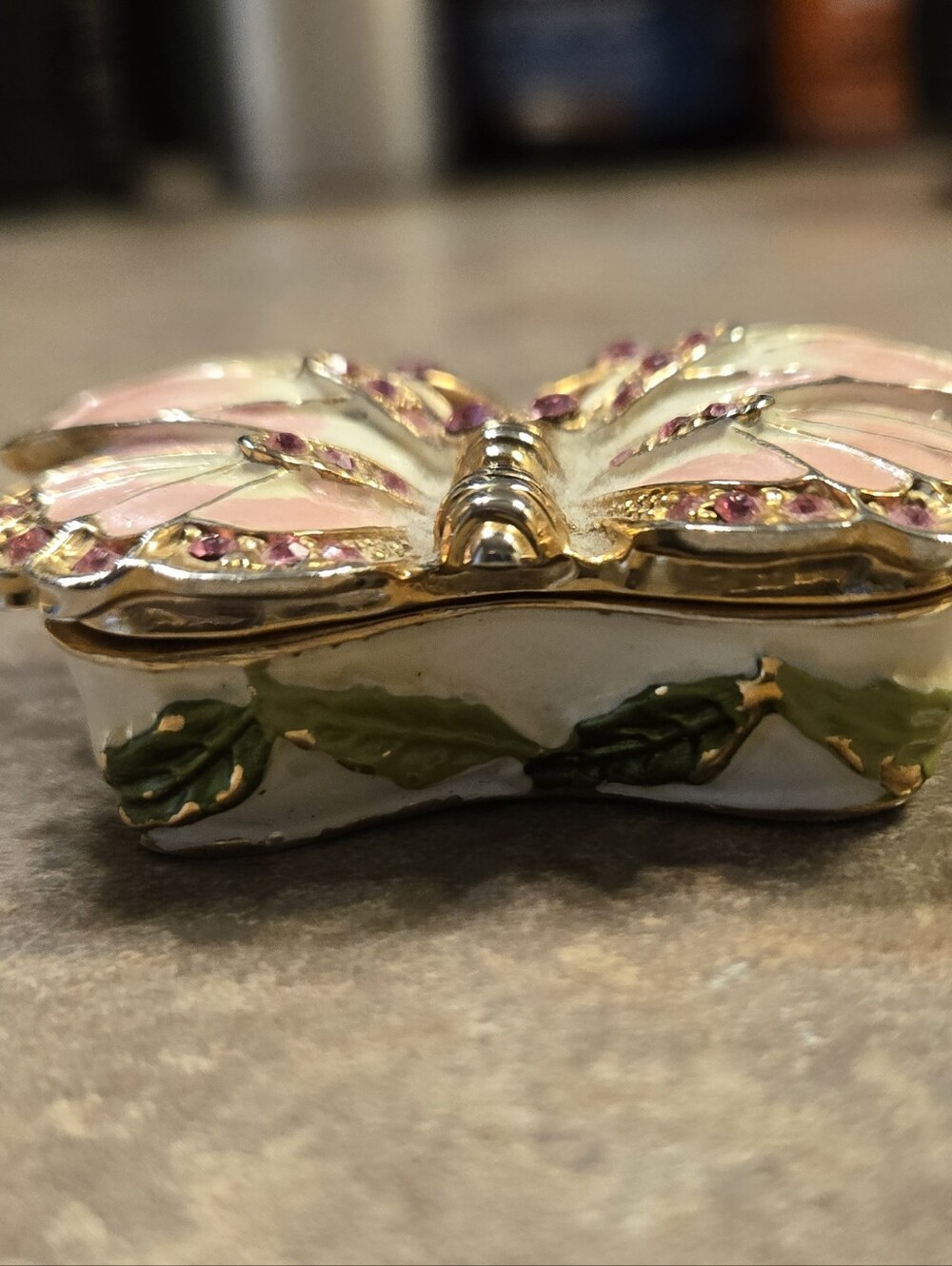 Gold Tone Pink Butterfly Trinket Box with Pink Crystals - Picture 3 of 7